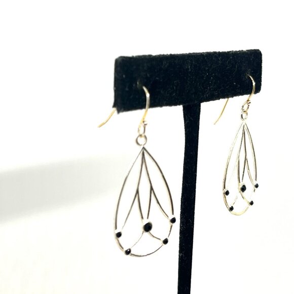 ART NOUVEAU STYLE BLACK GLASS STERLING SILVER DANGLE DROP HOOP EARRINGS 925 - Picture 4 of 10